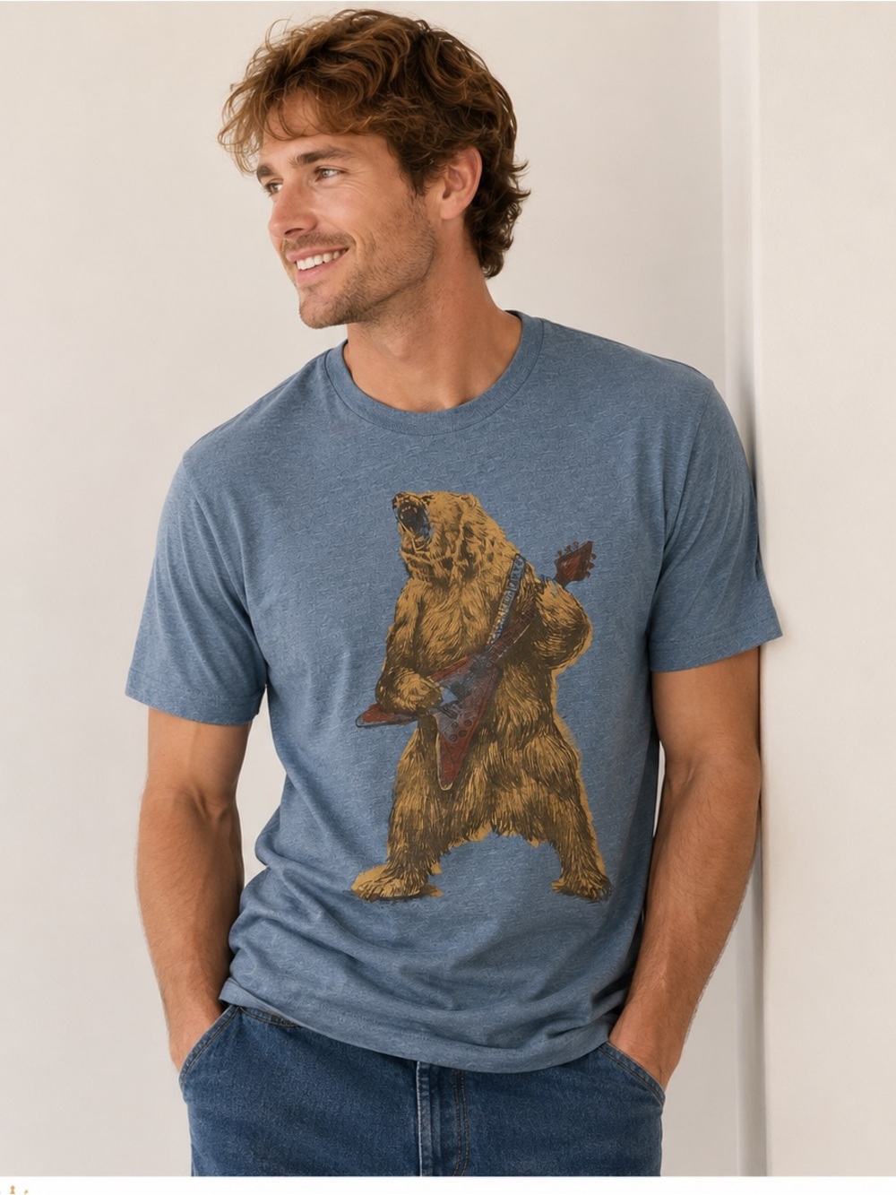 Lucky Brand Blue Tee with Golden Bear Guitar Graphic